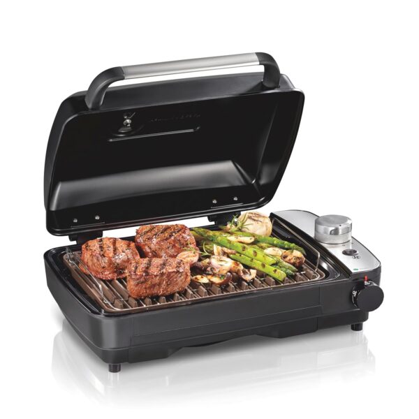 Hamilton Beach Parrilla eléctrica para interiores con infusor de humo frío y caliente, control de temperatura de 150 °F