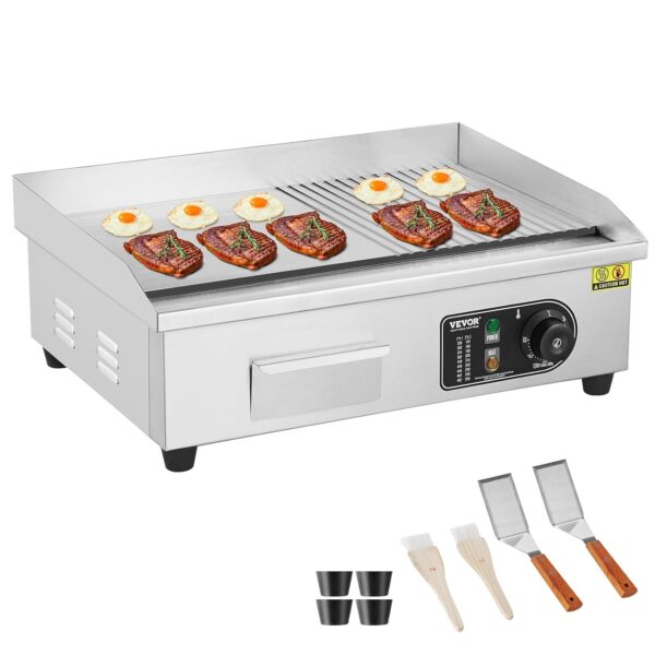 VEVOR Plancha Eléctrica Comercial, Parrilla de Encimera Semi-Plana de 1600W, Plancha de Acero Inoxidable de 22 pulgadas