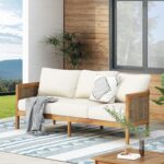Sofá de Mimbre Merax Patio Furniture Set 76.5 Pulgadas 3 Plazas Madera de Acacia Ratán de Polietileno Beige