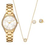 Set de Regalo Michael Kors Lauryn Reloj Aretes y Collar para Mujer Acero Inoxidable Dorado Esfera Blanca 33mm