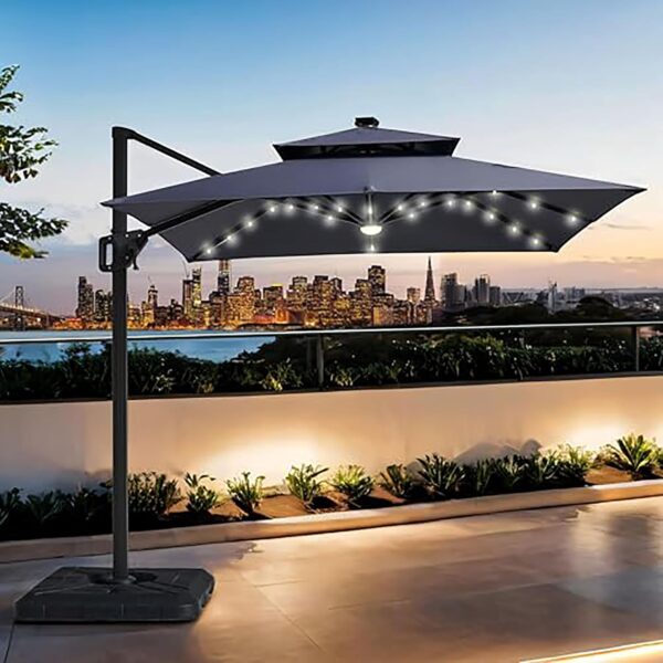 Sombrilla de Patio Furniture of America Beverly AMMB-B252HZ-C 8 Pies con Base Luz LED Panel Solar Resistente a Rayos UV