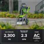 Lavadora de Presión Eléctrica Greenworks Pro GPW2303A 2300 PSI 2.3 GPM Sin Escobillas Manguera de 25 Pies