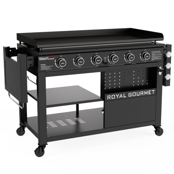 Plancha de Gas Royal Gourmet GB6000 6 Quemadores 44 Pulgadas Acero Aleado Negro con Mesas Laterales Plegables