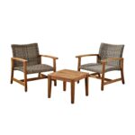 Juego de Sillas Club y Mesa Auxiliar Christopher Knight Home Hampton 308147 Madera de Acacia y Mimbre 3 Piezas Gris y Ma
