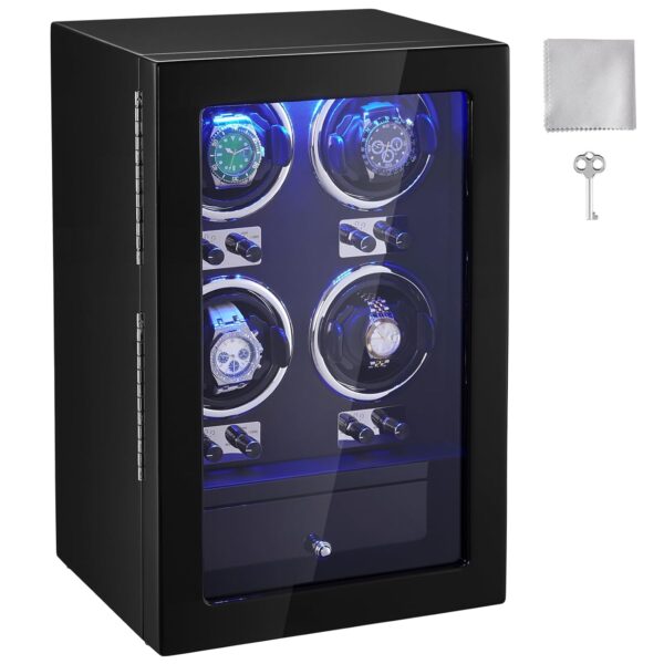 Enrollador de Reloj VEVOR 10WJS140EB para 4 Relojes Automáticos con 4 Motores Mabuchi Japoneses Luz LED Azul Carcasa de