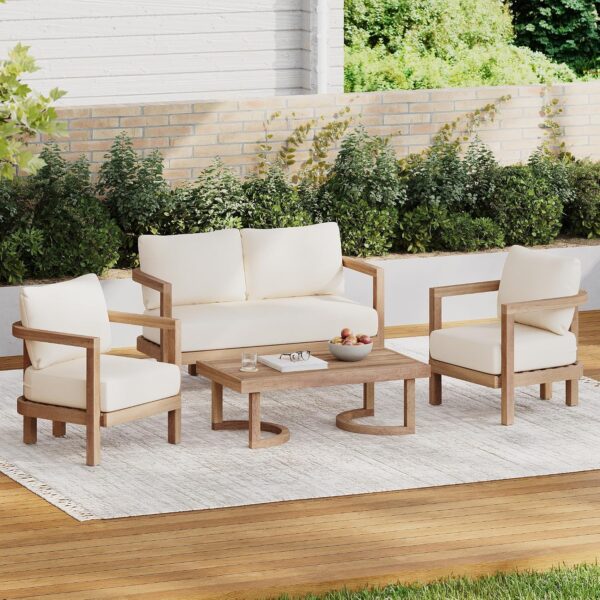 Juego de Muebles de Patio Merax Madera de Acacia 4 Piezas Sofá y Mesa Auxiliar Color Beige