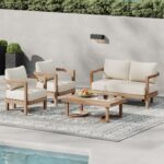 Juego de Muebles de Patio Merax Madera de Acacia 4 Piezas Sofá y Mesa Auxiliar Color Beige