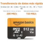 Tarjeta microSDXC Amazon Basics LSMICRO512GU3-H 512GB con adaptador velocidad de lectura hasta 200 MB/s Clase 10 U3 A2