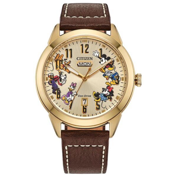 Reloj Citizen Eco-Drive Disney Mickey Mouse & Friends AW0093-04W Hombre Acero Inoxidable Tono Dorado Correa de Cuero Mar