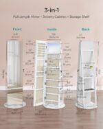 SONGMICS Armario de Joyería con Espejo Modelo UJJC007W02V1 Cerradura 6 LED Giratorio 360 Grados Espejo de Cuerpo Entero
