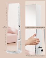 SONGMICS Armario de Joyería con Espejo Modelo UJJC007W02V1 Cerradura 6 LED Giratorio 360 Grados Espejo de Cuerpo Entero