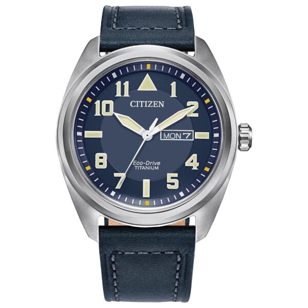 Reloj Citizen Eco-Drive Weekender Garrison BM8568-01L Titanio Plateado Correa de Cuero Azul Cristal de Zafiro 42mm Resis