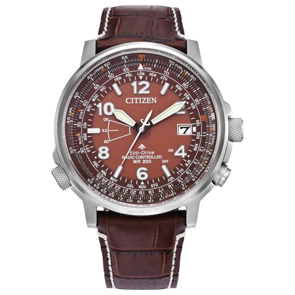 Reloj Citizen Promaster Eco Sky CB0248-01X Eco-Drive Acero Inoxidable Correa de Cuero Café Esfera Marrón Cristal de Zafi