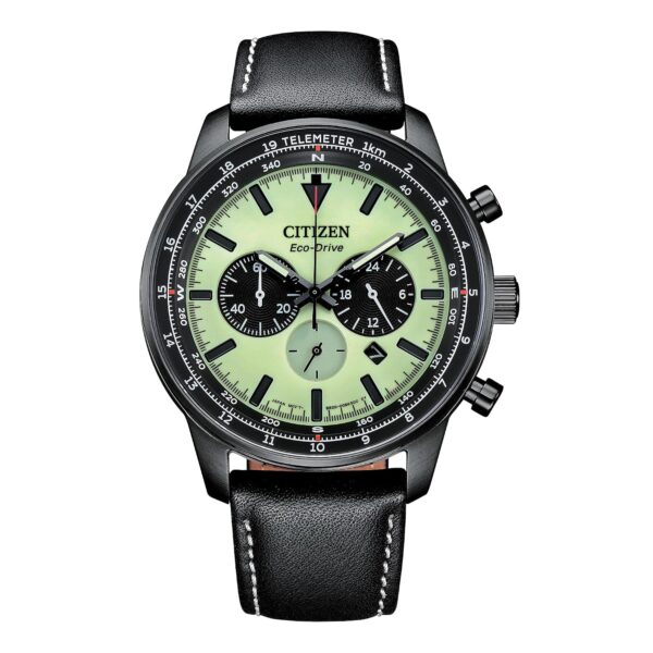 Reloj Citizen Eco-Drive Weekender CA4505-21X Cronógrafo Acero Inoxidable Negro Correa de Cuero Esfera Verde 44 mm Resist