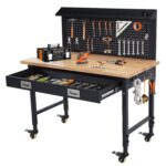 GarveeTech Banco de trabajo ajustable para garaje, mesa de trabajo de 48 pulgadas con tapa de madera de goma y cajón org