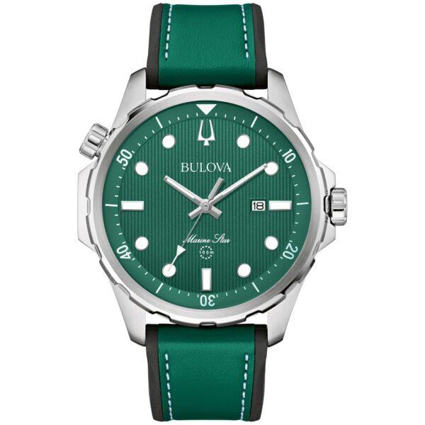 Reloj Bulova Marine Star 96B449 Hombre Cuarzo Acero Inoxidable Plateado 43mm Correa de Cuero y Silicona Verde Resistente