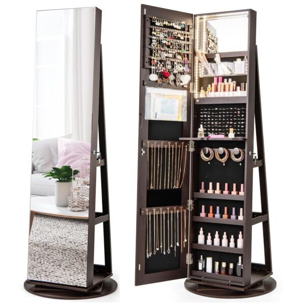 Armario de Joyas COSTWAY 10430-CYHW con Espejo Giratorio 360 Grados Luces LED 3 Colores Espejo de Cuerpo Entero 61 Pulga
