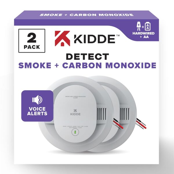 Kidde Detector de humo y monóxido de carbono con cableado, respaldo de batería AA, alertas de voz, interconectable, indi