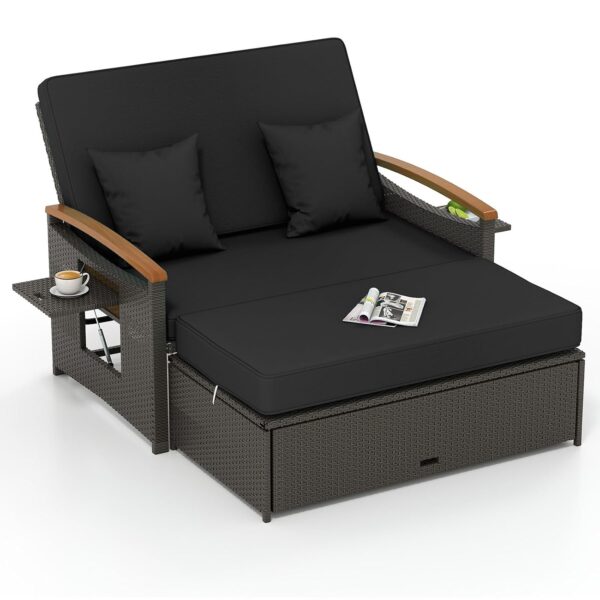 Sofá Cama Tangkula 71627-BK Ratán PE Respaldo Ajustable 4 Niveles Otomana de Almacenamiento y Reposabrazos de Madera de