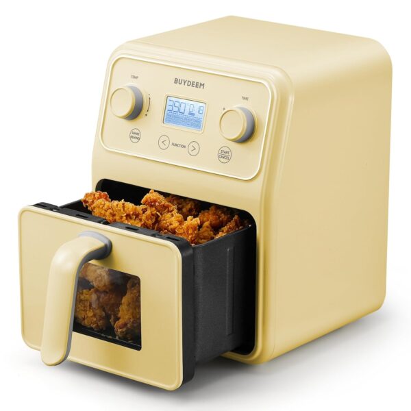 BUYDEEM F51 Freidora de aire 8 en 1 de 4.2QT, horno de aire de encimera retro con ventana visible, recordatorio de agita