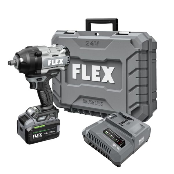 Llave de Impacto Inalámbrica FLEX FX1472-1H 24V 1/2 Pulgada 1500 Pies Libra Kit con Batería de Litio Apilable 6.0Ah y Ca