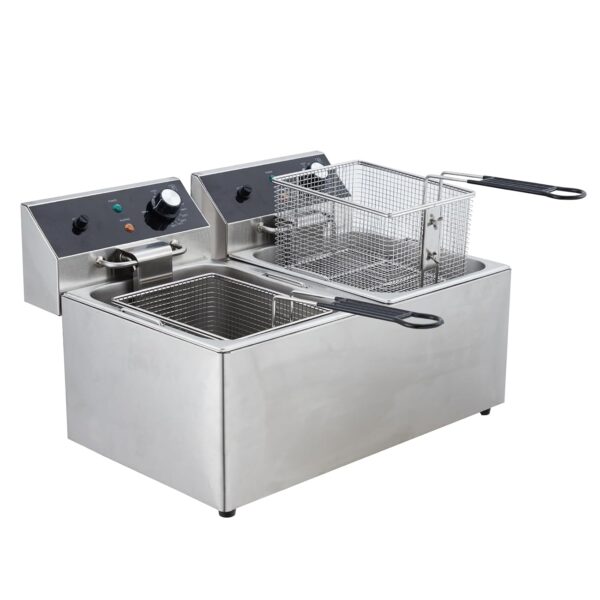 Freidora eléctrica comercial, freidora de acero inoxidable de doble tanque de 12L x 2 con cesta de freír y tapa, freidor