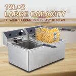 Freidora eléctrica comercial, freidora de acero inoxidable de doble tanque de 12L x 2 con cesta de freír y tapa, freidor