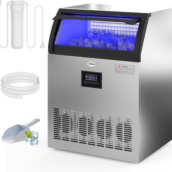 Sunvivi Máquina comercial para hacer hielo, 265 libras/24 horas, contenedor de almacenamiento de 55 libras, máquina de h