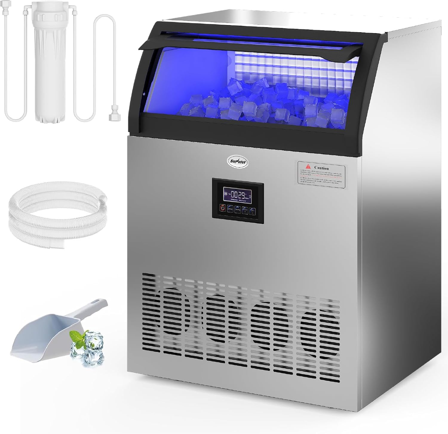 Sunvivi Máquina comercial para hacer hielo, 265 libras/24 horas, contenedor de almacenamiento de 55 libras, máquina de h