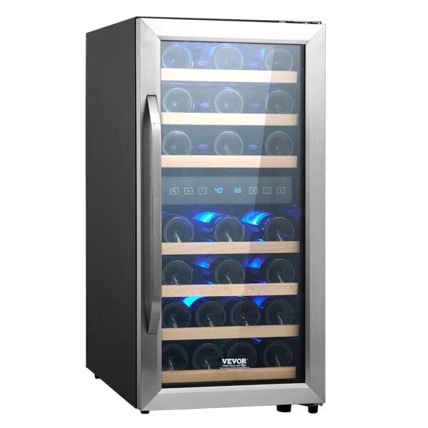 VEVOR Enfriador de vino de 33 botellas, nevera de vino de doble zona y doble temperatura, refrigerador independiente con