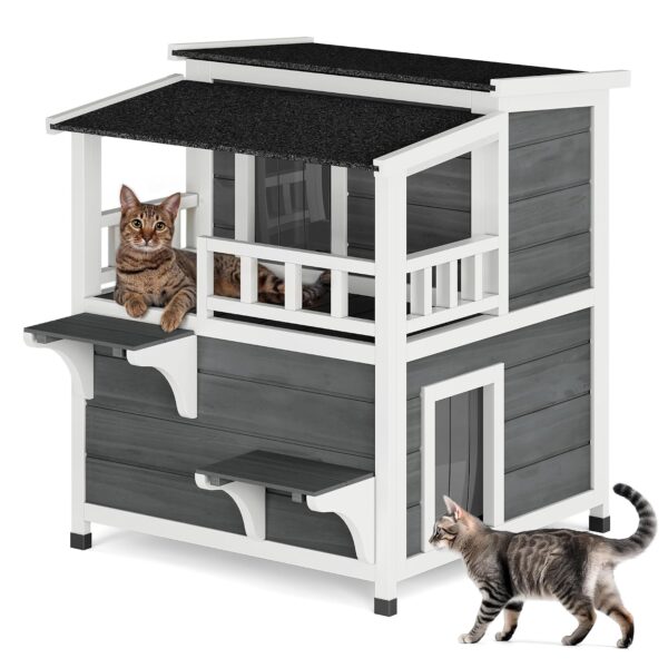 Casa para Gatos YITAHOME MAYIHOHWF9 Dos Pisos con Balcón Madera de Pino Gris para Exterior 28.3 x 34.5 x 33.3 Pulgadas