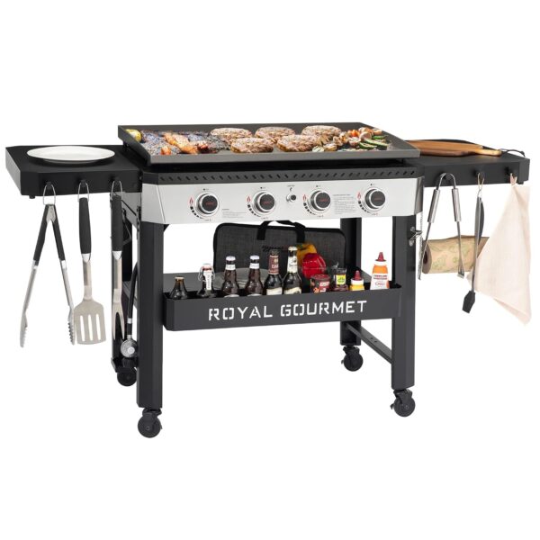 Plancha de Gas Propano Royal Gourmet GB4007 4 Quemadores 34 Pulgadas 52000 BTU Negro y Plata