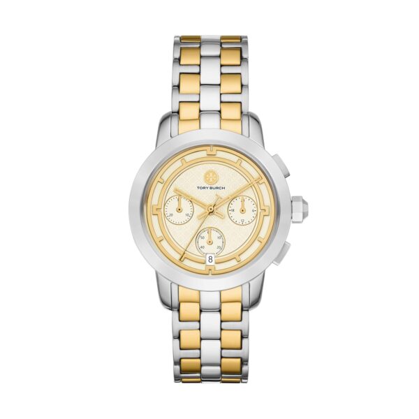 Reloj Tory Burch Cronógrafo TBW1052 Acero Inoxidable Bicolor Esfera Blanca 37 Milímetros