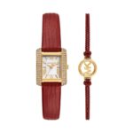 Reloj Michael Kors Emery MK4874SET Rectangular Acero Inoxidable Correa de Cuero Rojo con Pulsera de Regalo