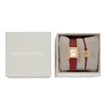 Reloj Michael Kors Emery MK4874SET Rectangular Acero Inoxidable Correa de Cuero Rojo con Pulsera de Regalo