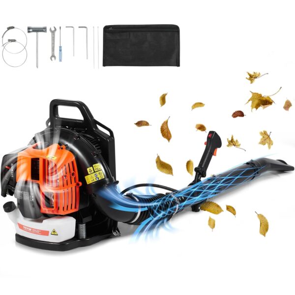 Soplador de Hojas de Mochila VEVOR Gas Leaf Blower 63cc 1110 CFM 220 MPH Tanque 1.89 L Negro y Anaranjado