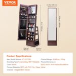Armario Joyero Giratorio VEVOR LSKXZZBSNG63B 360 Grados 63 Pulgadas Espejo de Cuerpo Entero Luz LED Cerradura Marrón