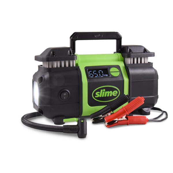 Inflador de Neumáticos Slime 40083 Super Duty Pro Power Conexión a Batería Pistón Dual Medidor Digital 0-99 psi