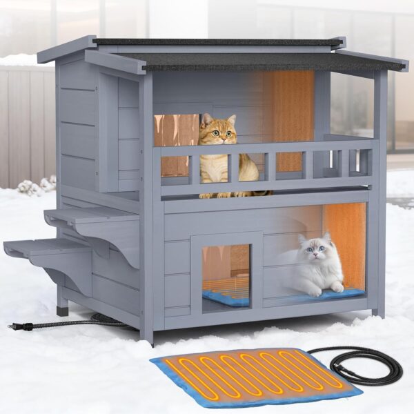 Casa Climatizada para Gatos PETIMBER BZ-1960-1025 2 Pisos 3 Habitaciones Exterior 29 x 26 x 30 Pulgadas Gris