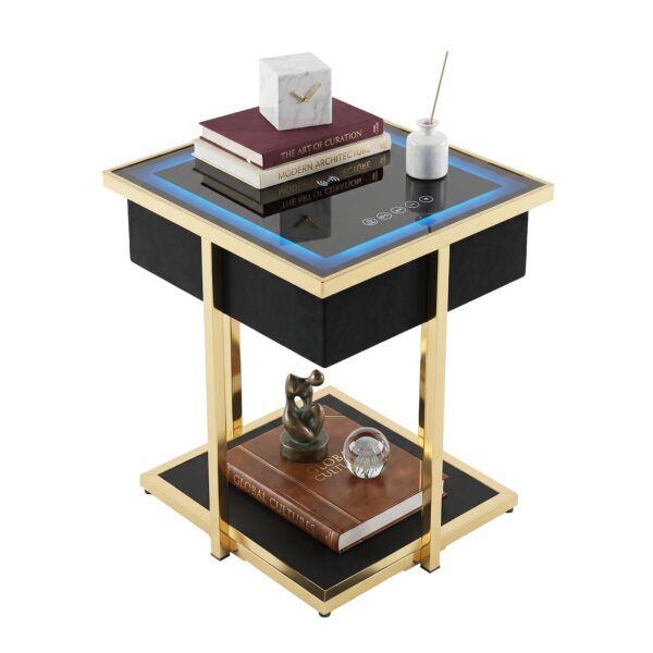 Mesa de Acento Ashley Rexwell A4000681 con Altavoz Carga Inalámbrica Luz LED y Puerto USB Cristal Negro y Metálico