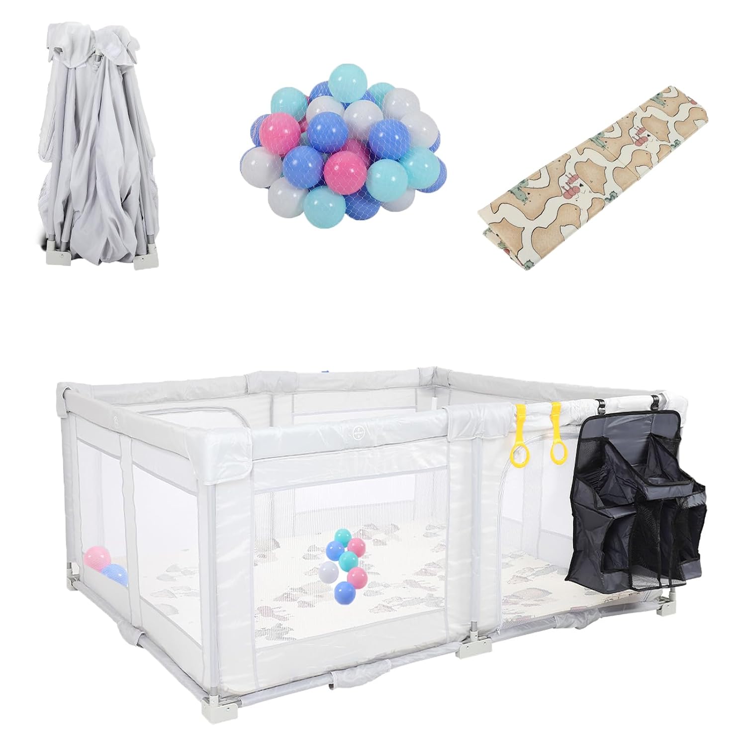 Corralito Plegable para Bebe FAHKNS 59 x 59 pulgadas Gris con 50 Bolas Oceanicas Alfombra para Gatear y Bolsa de Almacen