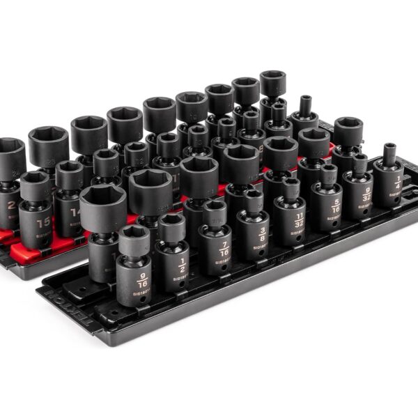 TEKTON SID97201 - Juego de llaves de impacto de 6 puntos de 3/8 pulgadas con juntas universales, rieles y bandejas, 34 p