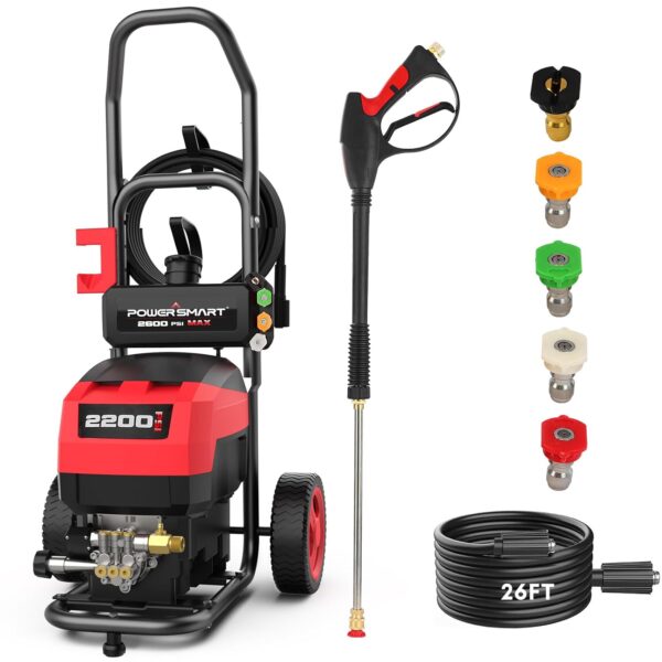 Lavadora Eléctrica a Presión PowerSmart DB1001 2200 PSI 1.2 GPM Tanque de Jabón Incorporado Varita de Metal Rojo y Negro