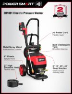 Lavadora Eléctrica a Presión PowerSmart DB1001 2200 PSI 1.2 GPM Tanque de Jabón Incorporado Varita de Metal Rojo y Negro