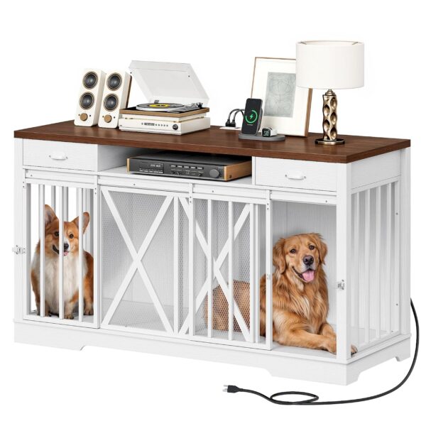 Mueble Jaula para Perros DWVO MADWVd2h6U 63 Pulgadas Doble para 2 Perros Blanco Madera de Ingeniería y Metal con Estació