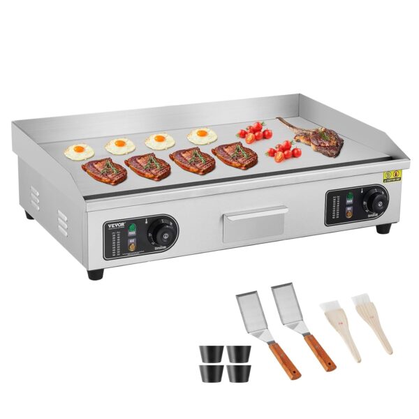 VEVOR Plancha Eléctrica Comercial, Parrilla Plana de Encimera de 2800W, Temperatura Ajustable de 122℉-572℉, Parrilla de