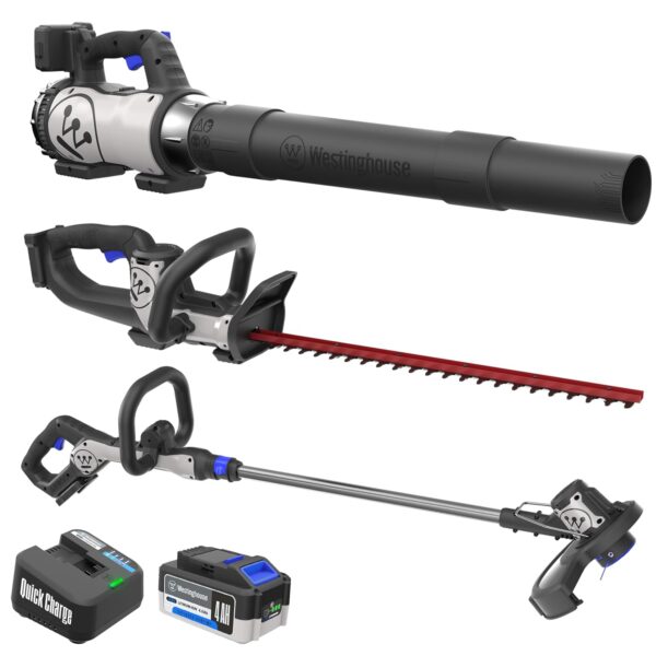 Kit Combo Westinghouse WGCom2 Soplador de Hojas 350 CFM 110 MPH Cortasetos 22 Pulgadas y Recortadora de Cuerdas 20V con