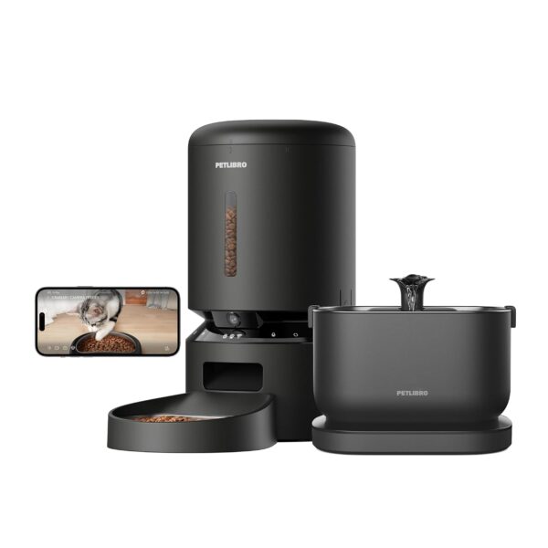 Paquete PETLIBRO Fuente de Agua Inalámbrica Dockstream 2.5L 84 onzas y Alimentador Automático para Gatos con Cámara HD 1