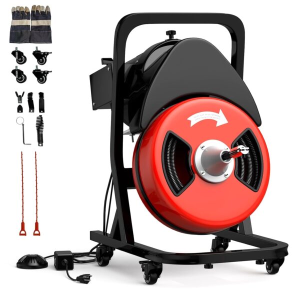 GarveeTech Máquina Limpiadora de Desagües de 50 pies x 1/2 pulgada con Ruedas, Serpiente Eléctrica para Alcantarillado p