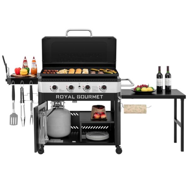 Plancha de Gas Royal Gourmet GB4008T 4 Quemadores 34 Pulgadas Mesa Extraíble Estante Lateral Plegable Negro